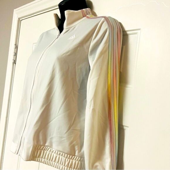 Adidas White Pastel Irridescent Pink Purple Silver 3 Stripe Track Jacket XS - Picture 1 of 12